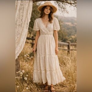 Cream Lace Tiered Maxi Dress with Puff Sleeves